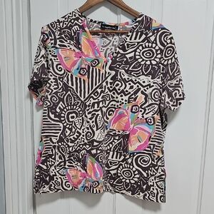 Brown and Pink Butterfly Print Scrub Top